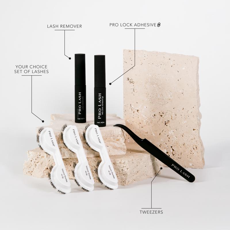 Pro Lash Starter Kit - One Month Lash Supply Eyelashes Makeup - 3 sets of lashes - adhesive - remover - tweezers