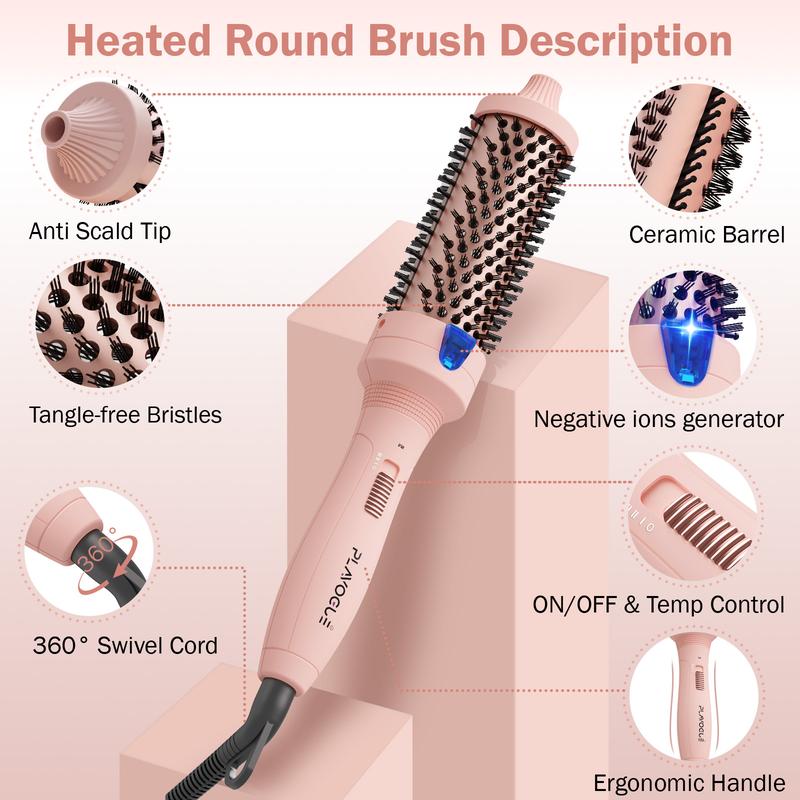 Plavogue Thermal Brush Curling Iron Brush for Blowout Look, 1.5 Inch 1.25 Inch Negatives Ionic Heated Round Brush Makes Hair Smoother, Dual Voltage Thermal Round Brush Straightening Curling Styling for Travel, Quick Heated, Handle Comfort