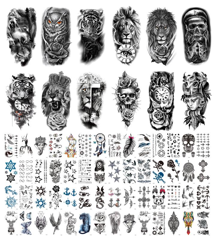 68 Sheets Waterproof Temporary Tattoos Stickers,Long Lasting Forearm Designs Animals & Flower, Wolf, Tiger, Lion, Owl, Skeleton Skull,Etc