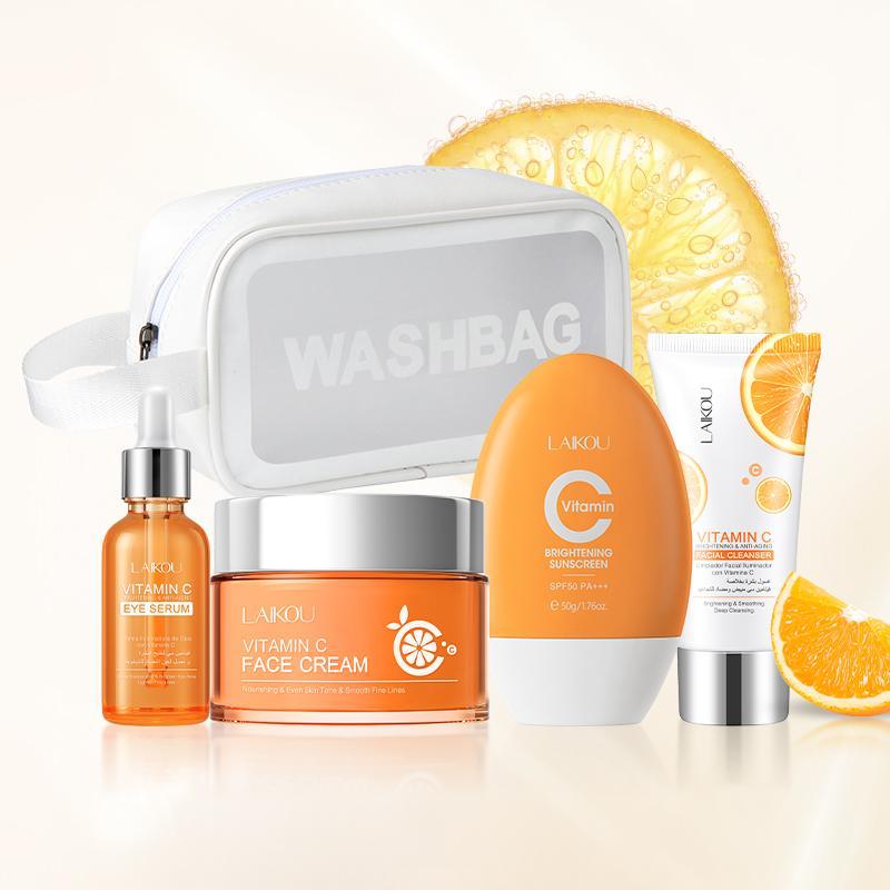 Vitamin C Skincare Set, 5 Counts Moisturizing Face Skin Care Kit, Including 40g Facial Cleanser, 50g Face Cream, 30ml Serum, 50g Sun Cream & 1 Makeup Bag, Portable Skincare Products for Women, Daily Facial Skincare Gifts for Women