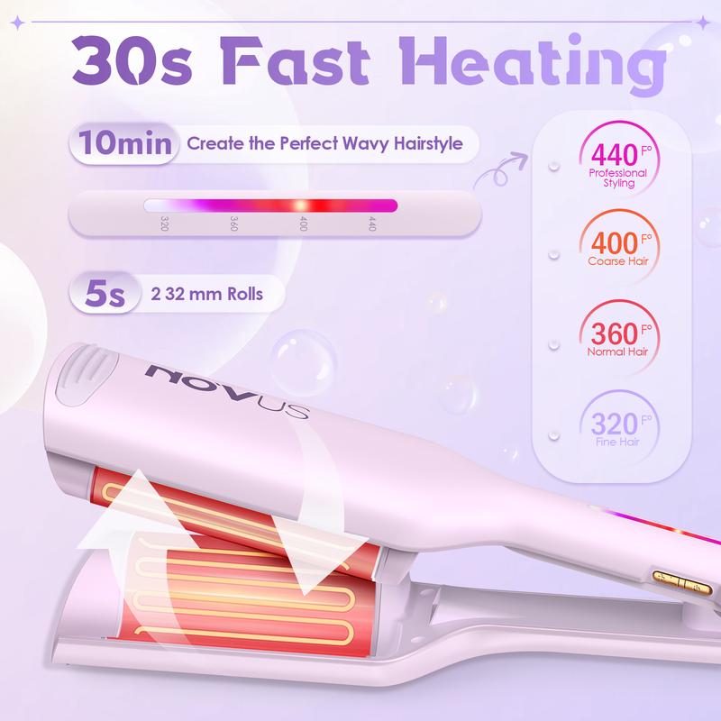 NOVUS Rovy Wave Curling Iron,  Anti-Scald Hair Crimper, 2 Barrel Ionic Wavy Hair Curler for Women, 1.25 inch Fast Heating Curling Wand, 4 Temp Ceramic Hair Waver, Crimper Hair Iron for Wide Deep Waves