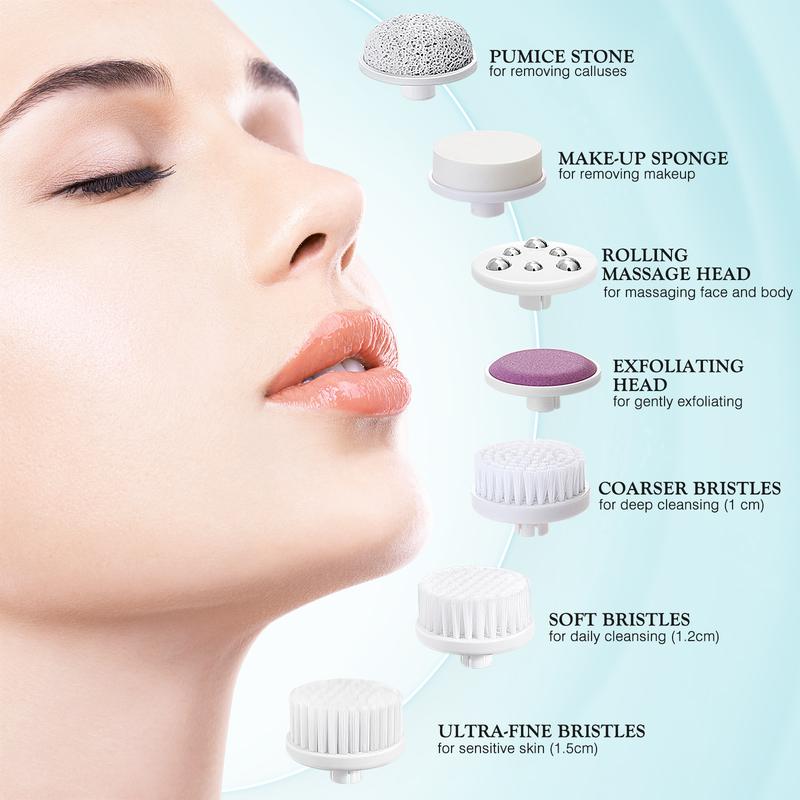 COSLUS 7-in-1 Electric Comfort Facial Cleansing Brush, 1 Set Silicone Scrub Spin Sonic Facial Cleansing Brush with 7pcs Multifunctional Replacement Brush Heads