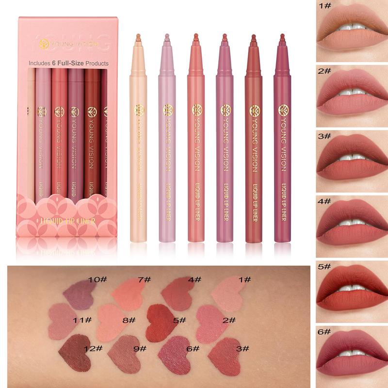 Matte Liquid Lip Liner, 6 Counts Waterproof Lip Liner Pencil, Easy Coloring Lip Liner Pen, Moisturizing Lip Stick for Women, Lip Makeup Accessories