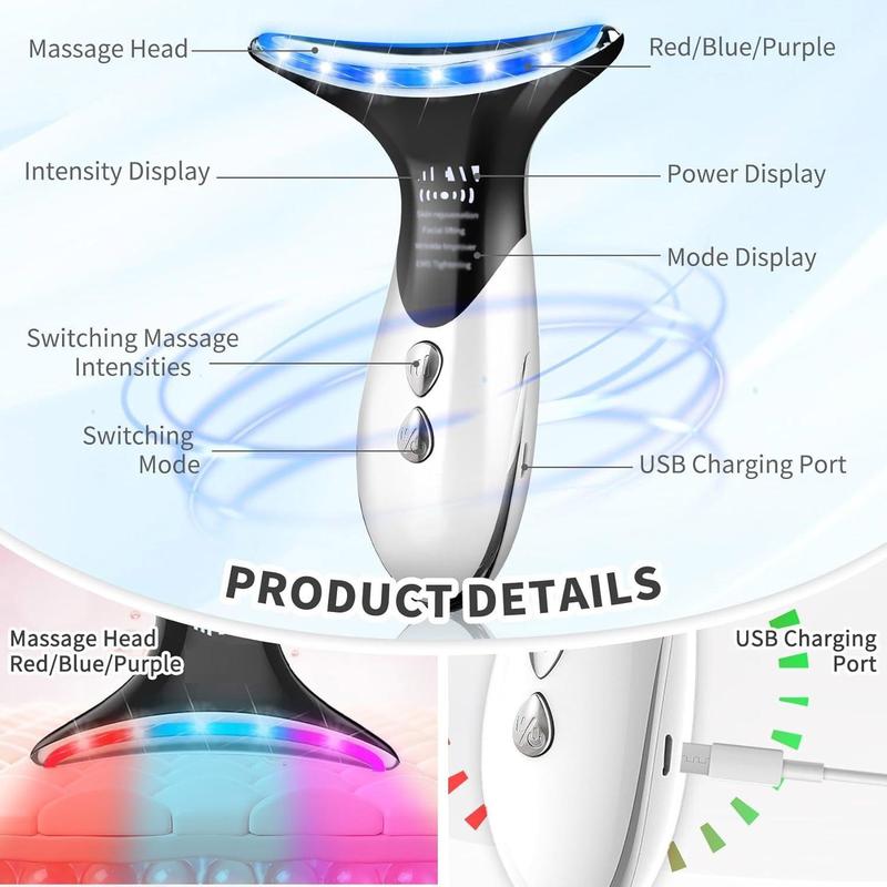 Portable 3 Adjustable Modes Facial Massager Neck Massager, Summer Neck Beauty Instrument, Rechargeable LED Tricolor Skin Care Beauty Massager for Women, Perfect Gift for Women and Men, Beauty Machine