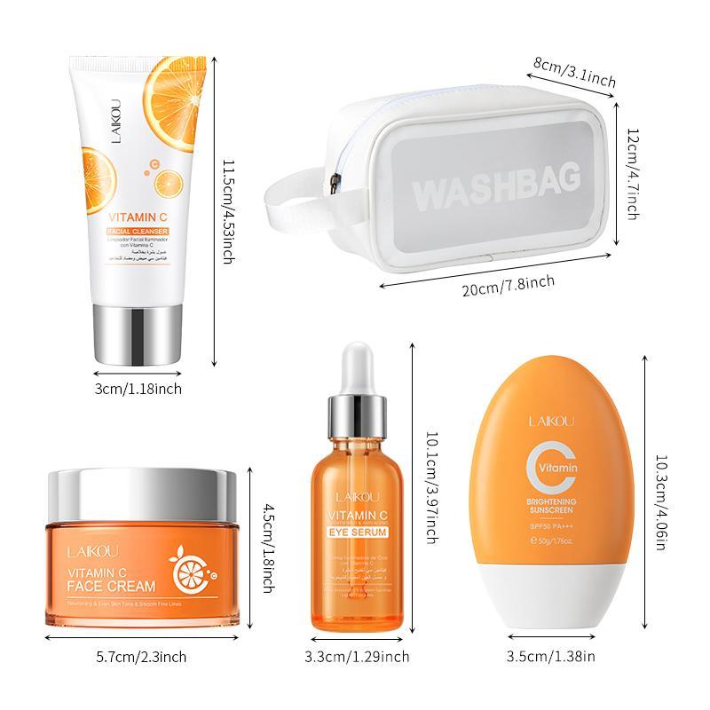 Vitamin C Skincare Set, 5 Counts Moisturizing Face Skin Care Kit, Including 40g Facial Cleanser, 50g Face Cream, 30ml Serum, 50g Sun Cream & 1 Makeup Bag, Portable Skincare Products for Women, Daily Facial Skincare Gifts for Women