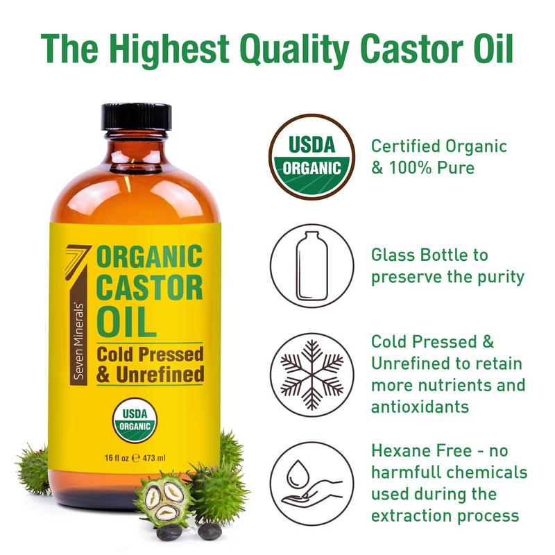 Glass Bottle Castor Oil Organic Cold Pressed Unrefined Seven Minerals 16 fl oz - 100% Pure USDA Certified Organic Hexane Free Body Care Cosmetic