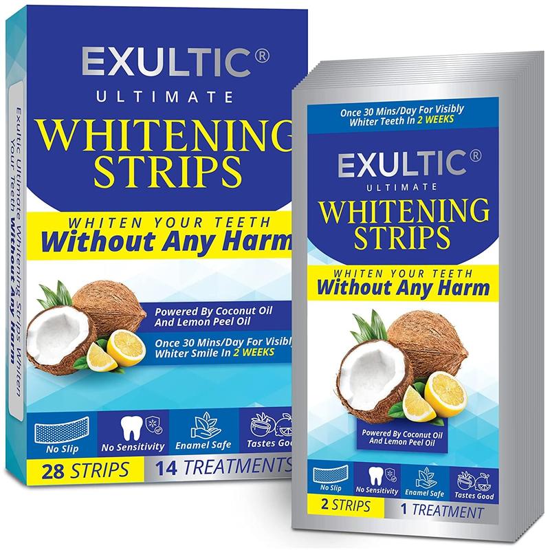 EXULTIC Teeth Whitening Strips for Teeth Sensitive: Coconut and Lemon Peel Oil Infused White Strips- Whiter, Brighter Smiles - Gentle and Safe Whitening Kit -28 Whitening Strips -14,Gluten Free