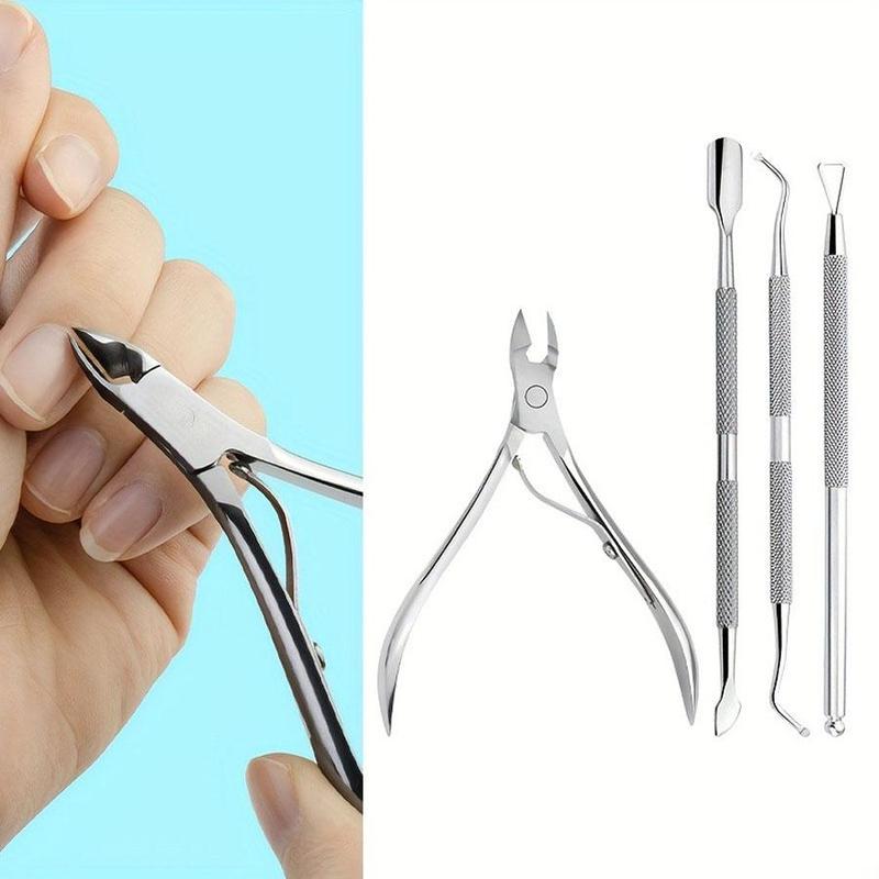 Stainless Steel Nail Tools Set, 4 Counts set Nail Cuticle Pusher & Nail Cuticle Nipper, Professional Nail Care & Maintenance Tool Set