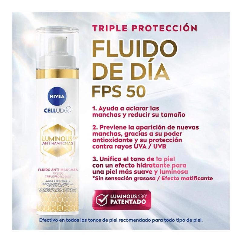 NIVEA LUMINOUS 630 ANTI-STAIN FLUID SPF 50 OF 40 ML    NIVEA FLUIDO LUMINOUS 630 ANTIMANCHAS FPS 50 DE 40 ML dark spot luminous nivea serum