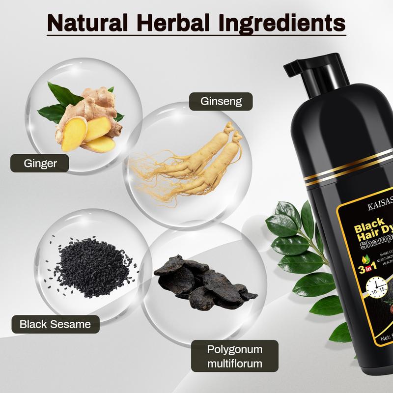 KAISASA Black Hair Dye Shampoo 3 in 1, Herbal Ingredients,Can cover gray hairs,Contains Ginseng Extract,Natural Haircoloring,Plant Haircare