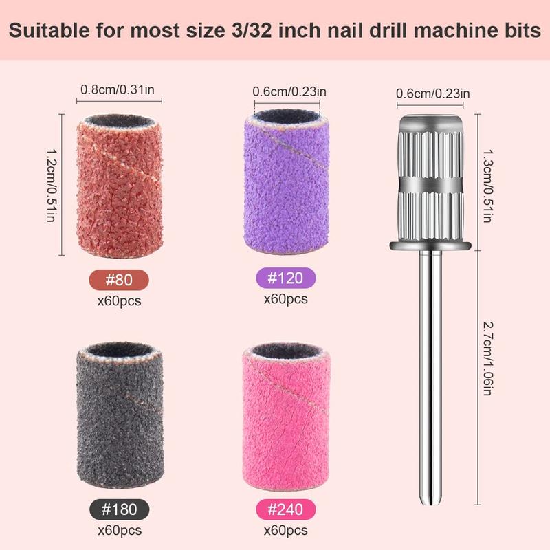 Nail Drill Sanding Bands Kit, 240pcs set Professional Sanding Band with 2 Counts Nail Drill Bits, Professional Manicure & Pedicure Tools