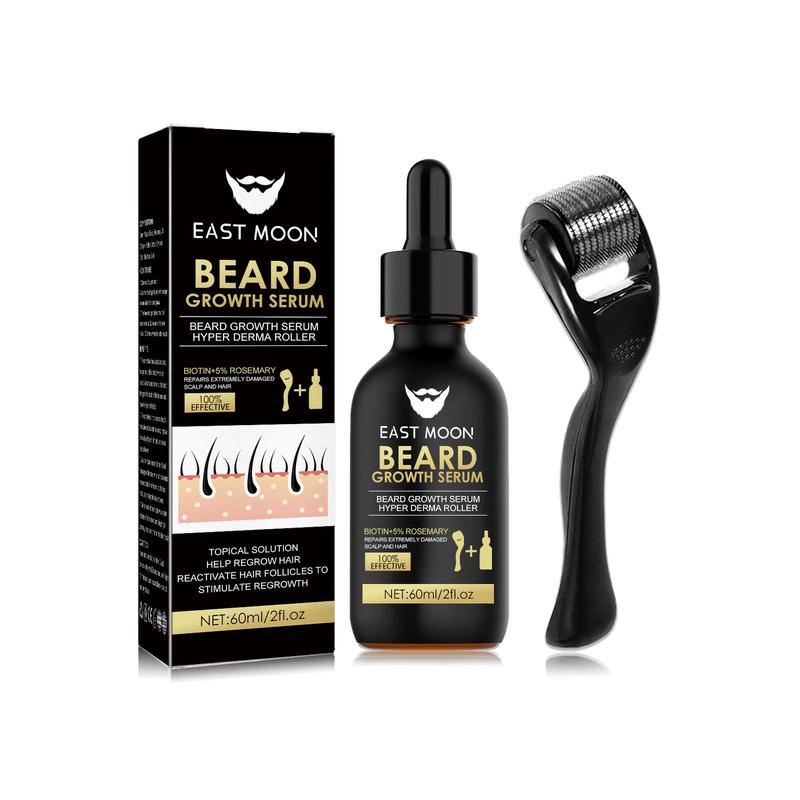 EAST MOON Beard Growth Serum & Beard Massage Derma Roller, 2 Counts set Beard Care Accessories for Strengthening Beard, Beard Care Product & Tool for Men Daily Use, Comfort Hair Care Supplies, Lightweight, Birthdy Gifts, Nutritious Oil for Beard Care