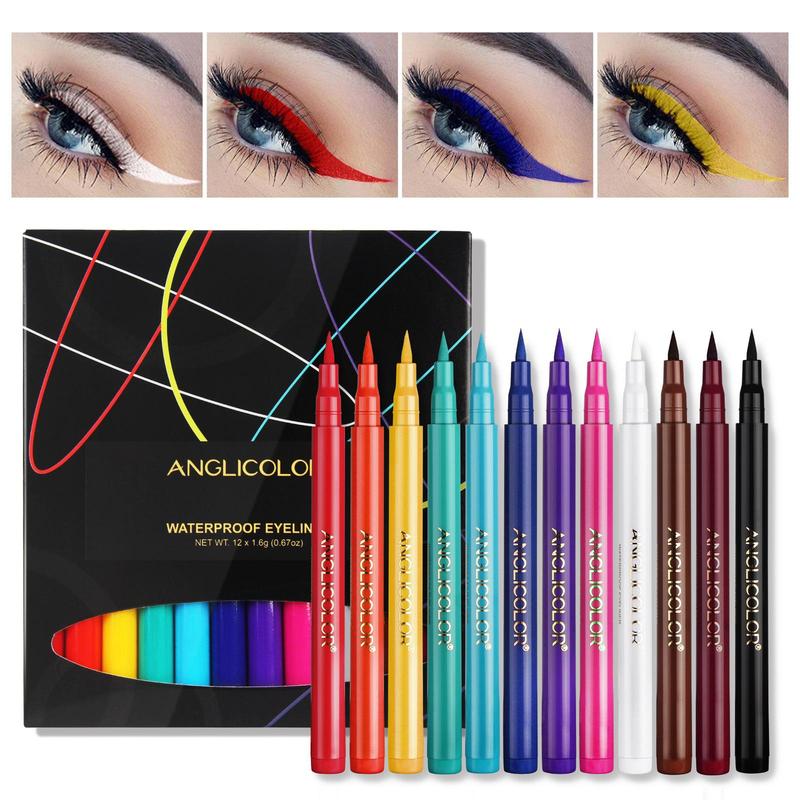 Waterproof Eyeliner Pen, 12pcs set Long Lasting Quick Drying Eyeliner Pen, Easy Coloring Eye Makeup Tool for Women & Beginners