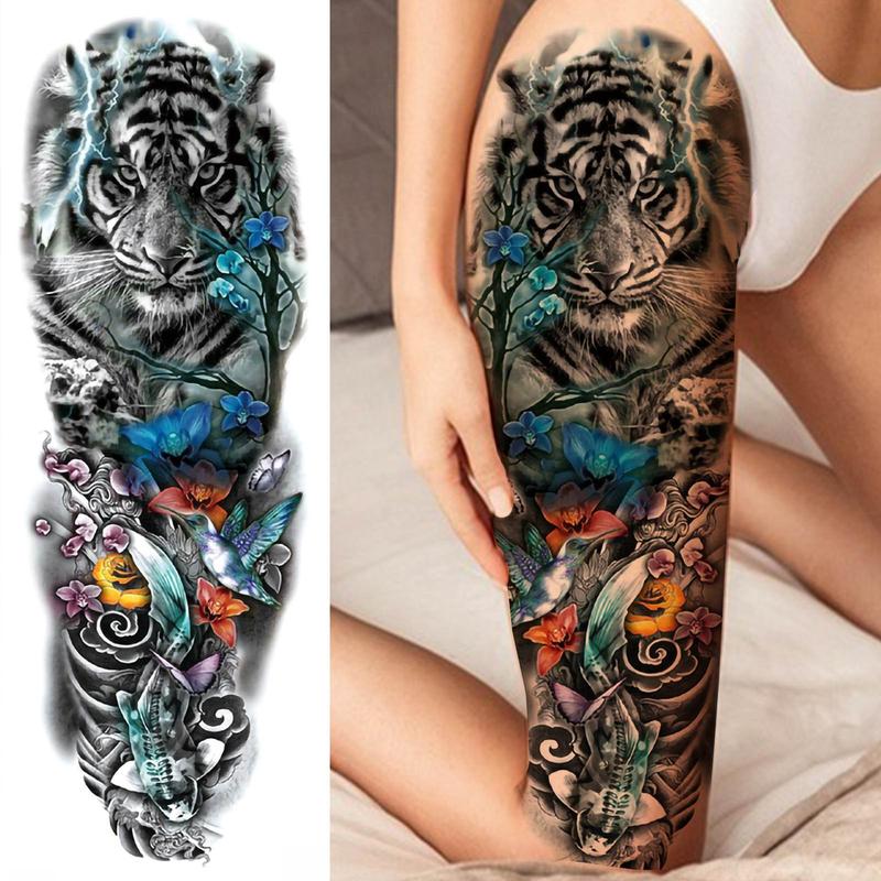 Floral & Tiger Pattern Full Arm Temporary Tattoo Sticker, Waterproof Fake Tattoo Decals, DIY Body Art Decoration for Women & Men