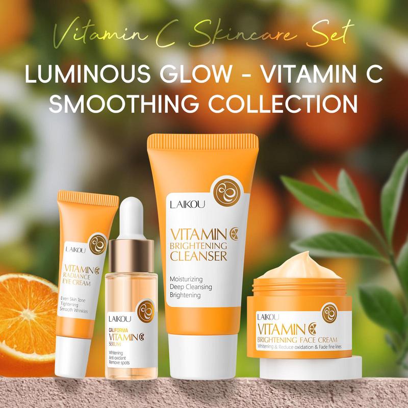 Vitamin C Skincare Set (4 Counts set),  Flow Skin Care Facial Cleanser & Eye Cream & Serum & Face Cream, Moisturizing Skin Care Kit for Women