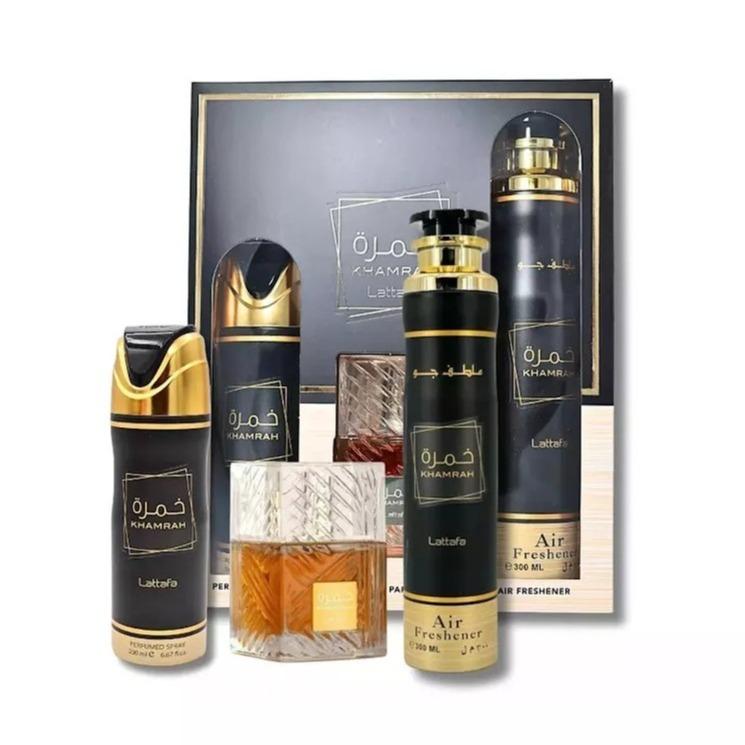 (3pc Gift Set) Khamrah by Lattafa 3.4oz EDP + 300ml Air Freshener + 6.8oz Body Spray