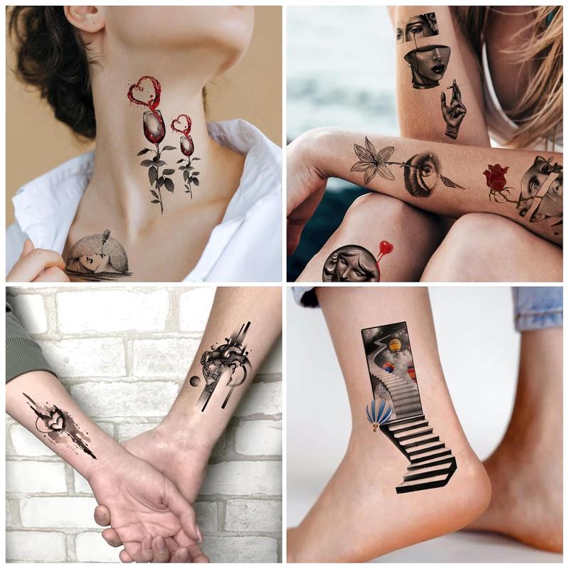 Temporary Tattoos for Adult Men and Women, 77 Sheets Abstract Surreal Style Fake Tattoo Stickers, Snake Tears, Clocks, Planets, Meditation Pattern Cool Tattoos for Teens