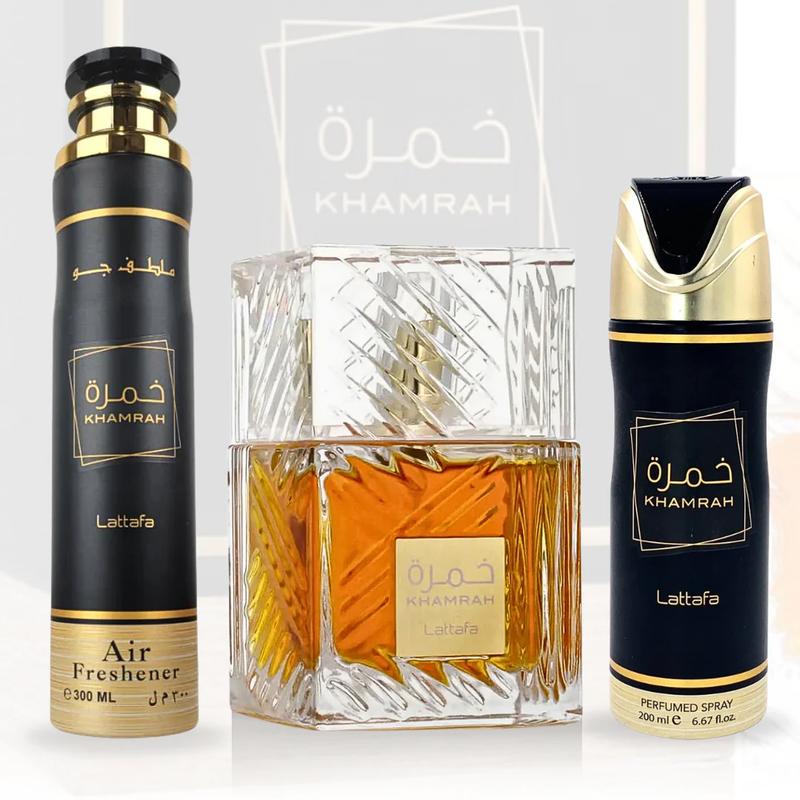 (3pc Gift Set) Khamrah by Lattafa 3.4oz EDP + 300ml Air Freshener + 6.8oz Body Spray