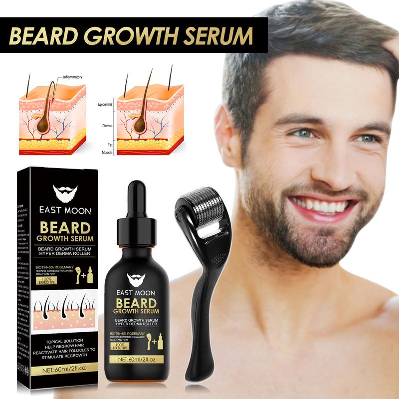 EAST MOON Beard Growth Serum & Beard Massage Derma Roller, 2 Counts set Beard Care Accessories for Strengthening Beard, Beard Care Product & Tool for Men Daily Use, Comfort Hair Care Supplies, Lightweight, Birthdy Gifts, Nutritious Oil for Beard Care