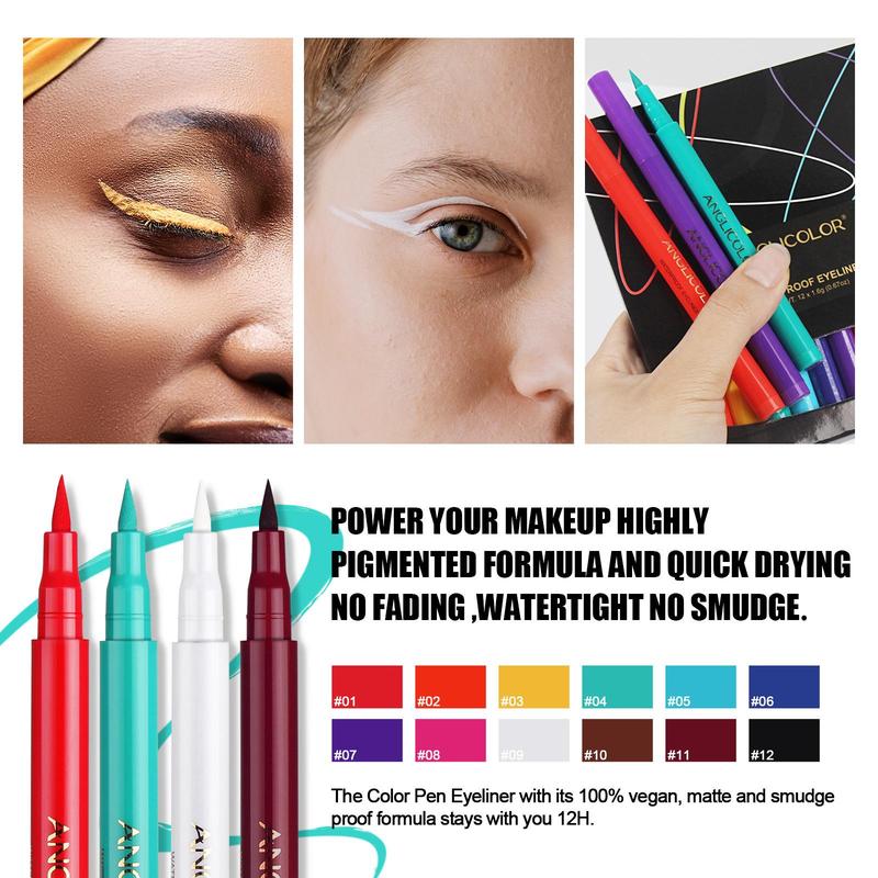 Waterproof Eyeliner Pen, 12pcs set Long Lasting Quick Drying Eyeliner Pen, Easy Coloring Eye Makeup Tool for Women & Beginners