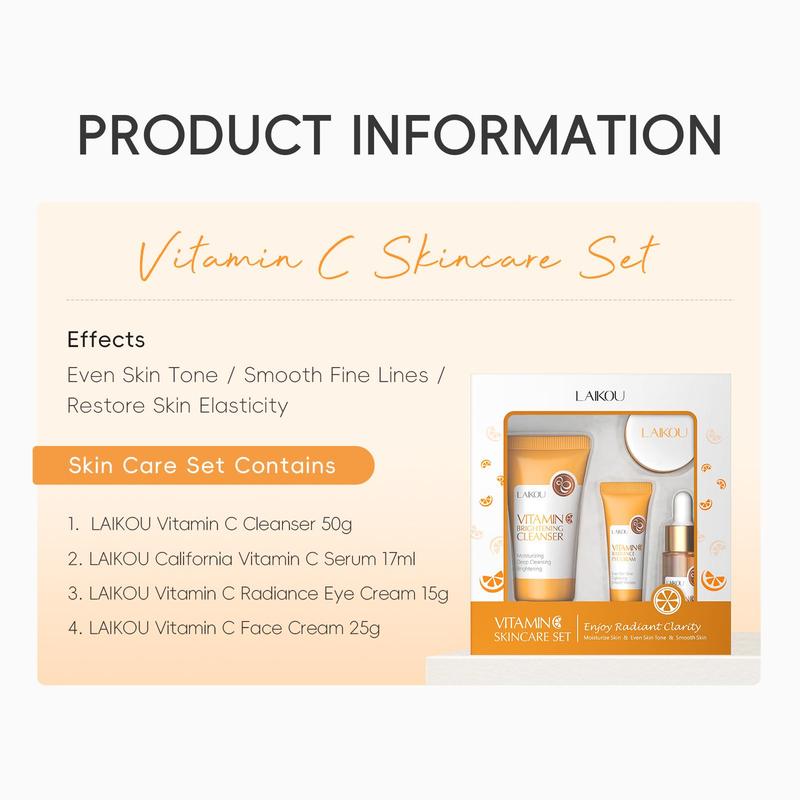 Vitamin C Skincare Set (4 Counts set),  Flow Skin Care Facial Cleanser & Eye Cream & Serum & Face Cream, Moisturizing Skin Care Kit for Women