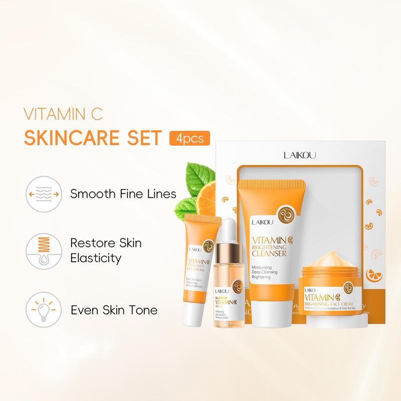 Vitamin C Skincare Set (4 Counts set),  Flow Skin Care Facial Cleanser & Eye Cream & Serum & Face Cream, Moisturizing Skin Care Kit for Women