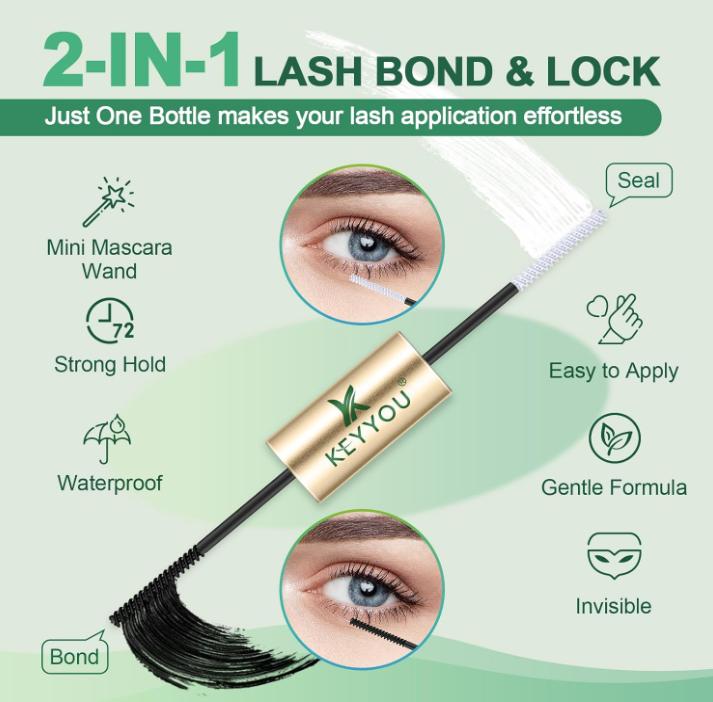 Lash Bond and Seal KEYYOU Cluster Lash For Lash Clusters Strong Gentle Comfortable Bond and Seal WaterProof Mascara Wand Individual Lash  5ml+5ml（BLACK)