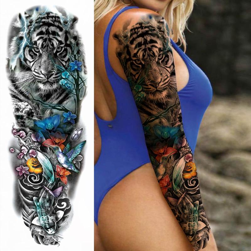 Floral & Tiger Pattern Full Arm Temporary Tattoo Sticker, Waterproof Fake Tattoo Decals, DIY Body Art Decoration for Women & Men