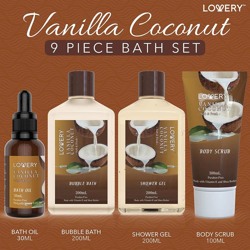 Vanilla Coconut Luxury Bath Gift Set - 9Pc Home Spa Basket