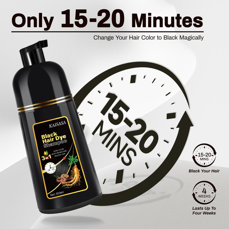 KAISASA Black Hair Dye Shampoo 3 in 1, Herbal Ingredients,Can cover gray hairs,Contains Ginseng Extract,Natural Haircoloring,Plant Haircare