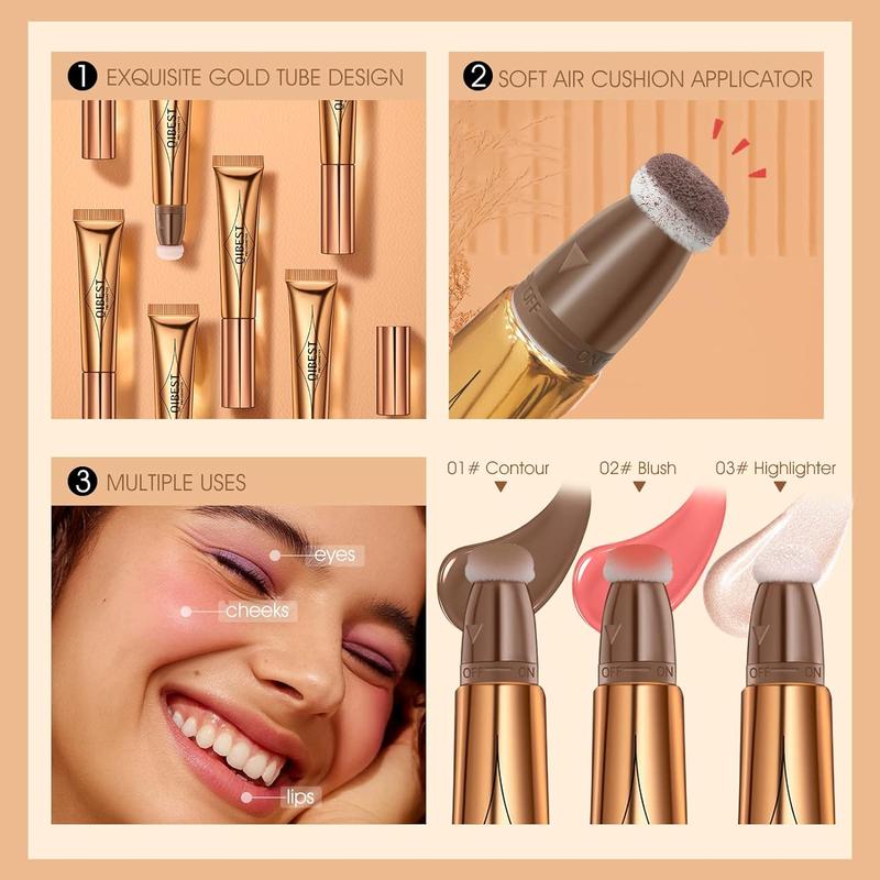 Liquid Contour Beauty Wall, Face Highlighter and Bronze Stick Attached with Pillow Applicator, Shimmer Long Lasting Silky Cream Face Highlighter Bronze Makeup Stick Liquid Blush Bronzer Brush Matte Powder Gentle Gift Lid Nourishing Radiant Smooth Cosmetic