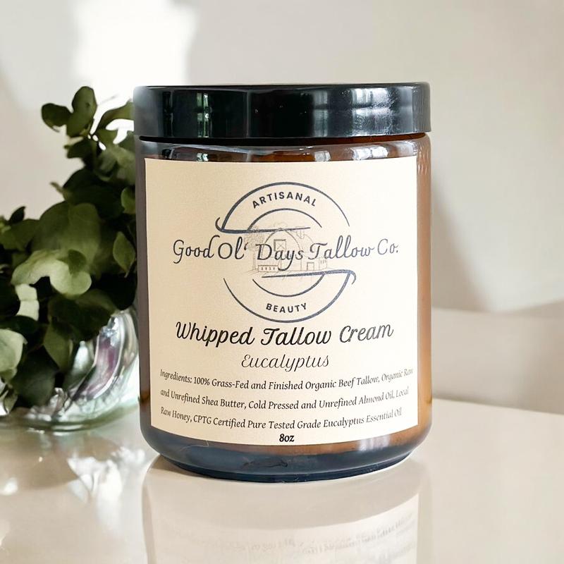 Options of Unscented, Eucalyptus, or Lavender Whipped Tallow Cream-100% Grass Fed and Finished Organic Beef Tallow, Shea Butter, Almond Oil, Honey