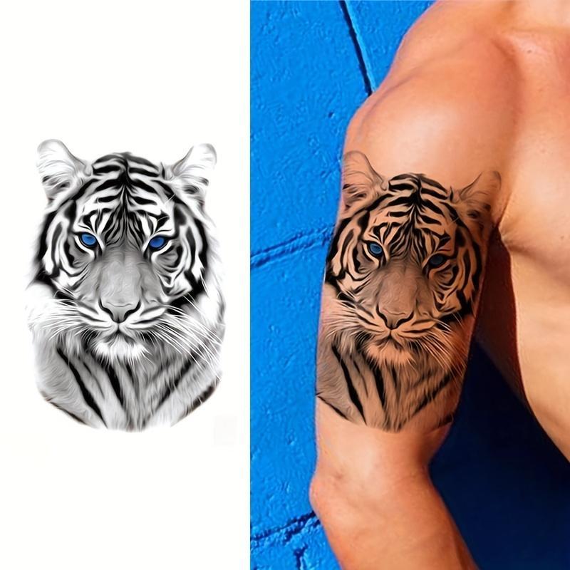 Blue Eye Tiger King Pattern Temporary Tattoo Sticker, 1 Count Waterproof Long Lasting Fake Tattoo Sticker, Body Art Sticker for Men & Women