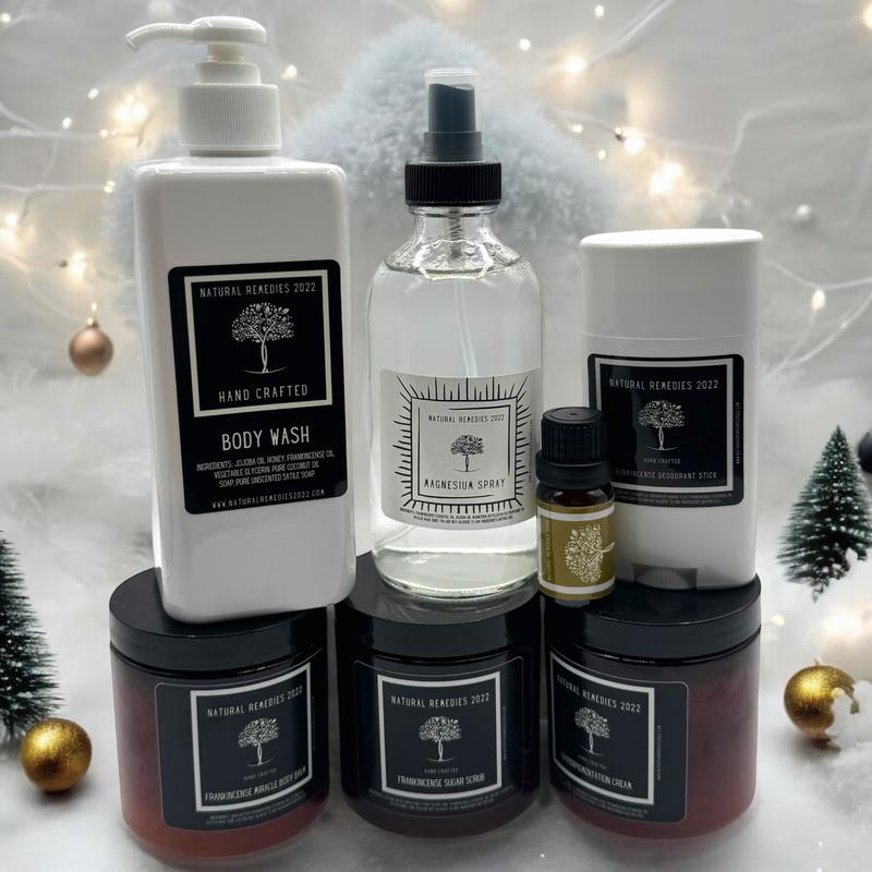 $75 Christmas Bundle - Frankincense Body Wash, Hyperpigmentation Cream, Miracle Body Balm, Frankincense Sugar Scrub, Frankincense Essential Oil, Frankincense Deodorant Stick, Magnesium Spray.