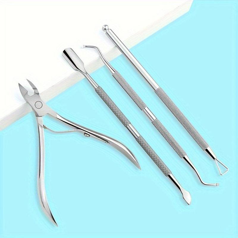 Stainless Steel Nail Tools Set, 4 Counts set Nail Cuticle Pusher & Nail Cuticle Nipper, Professional Nail Care & Maintenance Tool Set