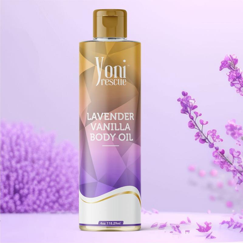 Lavender Vanilla Body Oil, 4oz, with Apricot, Jojoba, Avocado Oils & Vitamin E Oil, Daily Moisturizer, Fast-Absorbing, Nourishes and Hydrates Skin, Skin Repair, Body Care, Ideal for All Skin Types, Vanilla & Lavender Scented Fragrance by Yoni Rescue