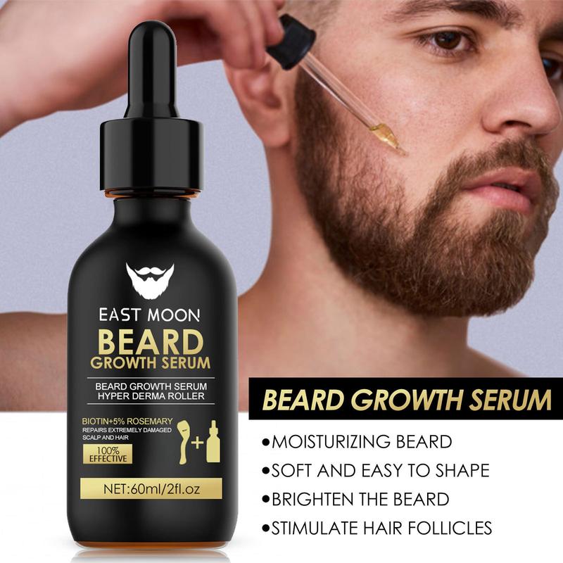 EAST MOON Beard Growth Serum & Beard Massage Derma Roller, 2 Counts set Beard Care Accessories for Strengthening Beard, Beard Care Product & Tool for Men Daily Use, Comfort Hair Care Supplies, Lightweight, Birthdy Gifts, Nutritious Oil for Beard Care