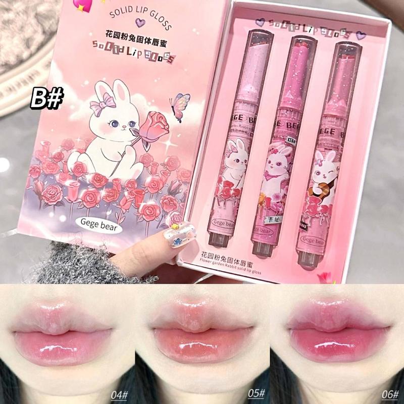 Cute Cartoon Rabbit Design Lip Gloss, 3 Counts set Juicy Glossy Lipstick, Hydrating Mirror Lip Glaze, Glossy Smoothing Lip Balm, Lip Care Kit