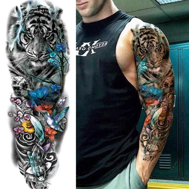 Floral & Tiger Pattern Full Arm Temporary Tattoo Sticker, Waterproof Fake Tattoo Decals, DIY Body Art Decoration for Women & Men