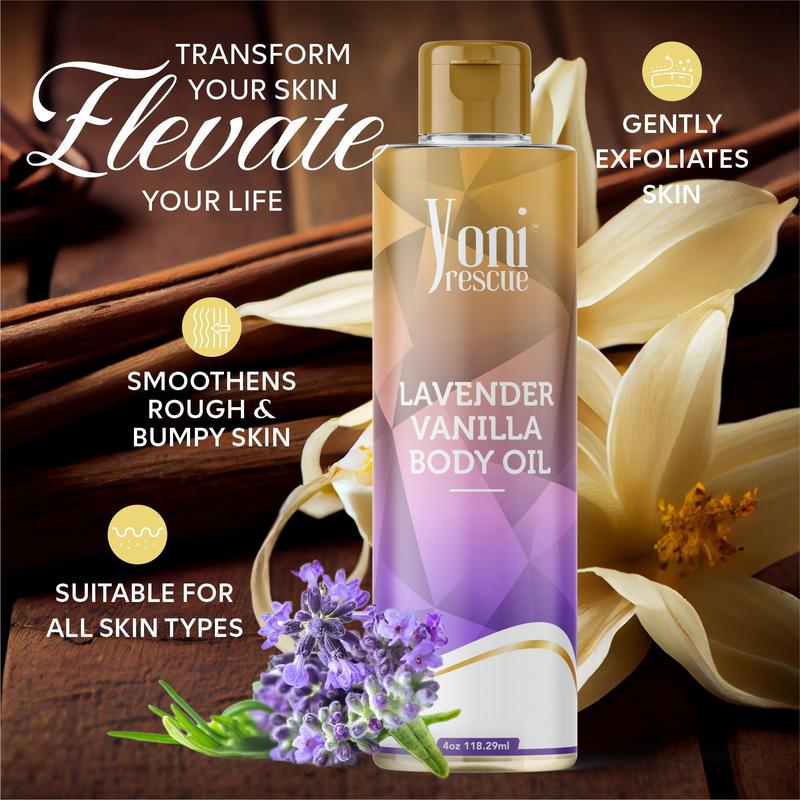 Lavender Vanilla Body Oil, 4oz, with Apricot, Jojoba, Avocado Oils & Vitamin E Oil, Daily Moisturizer, Fast-Absorbing, Nourishes and Hydrates Skin, Skin Repair, Body Care, Ideal for All Skin Types, Vanilla & Lavender Scented Fragrance by Yoni Rescue