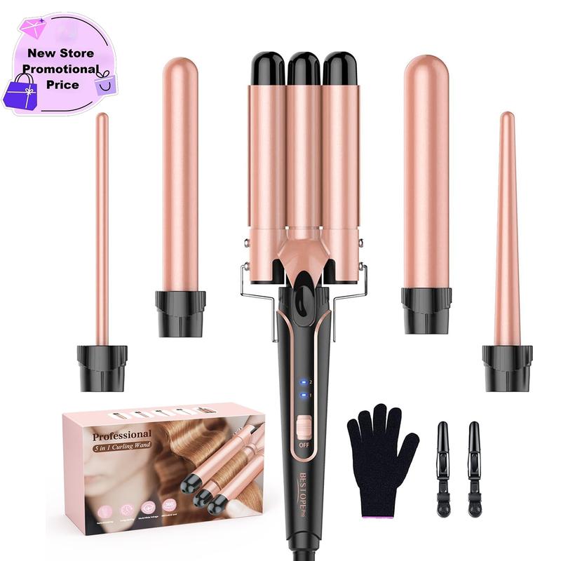 BESTOPE PRO 5 in 1 Curling Iron Curling Wand, Curling Iron Set with A Thermal Brush, A 3-Barrel Hair Crimper Iron, 3 Ceramic Curling Irons (0.35 