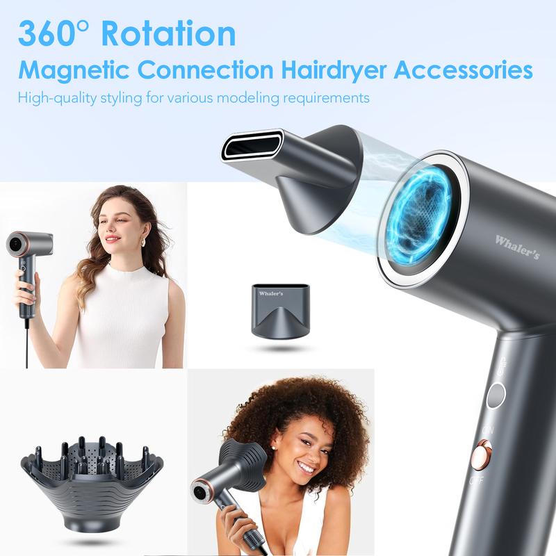 WHALER'S Hair Dryer，Professional Ionic Hair Dryer Hair Dryer with Diffuser and Concentrator, Ionic Hair Dryer, 3-Segment Heat Setting, High Speed Low Noise Hair Dryer, Suitable for Home and Travel Use