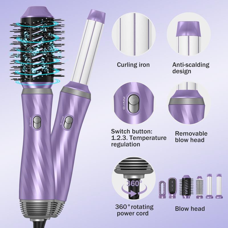 6 in One Hot Air Brush, Comfort Smoothing 1000W Powerful Negative Ionic Air Curler Hair Styler Set,Thanksgiving Day & Christmas Winter Gifts & New Year Gifts