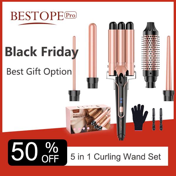 BESTOPE PRO 5 in 1 Curling Iron Curling Wand, Curling Iron Set with A Thermal Brush, A 3-Barrel Hair Crimper Iron, 3 Ceramic Curling Irons (0.35 