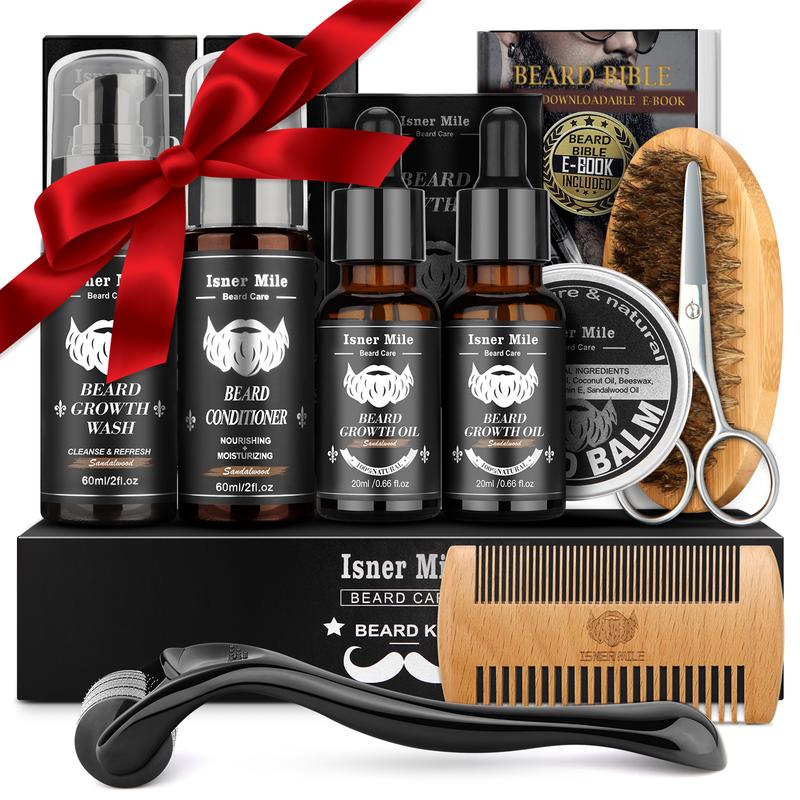 Beard Gift Kit for Men, Isner Mile Beard Grooming Kit, Beard Care Kit, Grooming & Trimming Tool Complete Set with Shampoo Wash, Beard Care Oil,  beard balm , Brush, Comb, Scissors & Storage Bag, Perfect Gifts for Him Men Dad Father Boyfriend H