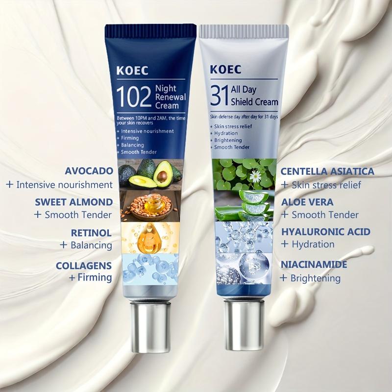 KOEC Dermacycle All-Day & Night Facial Cream Set (30mL x2) – Infused with Centella Asiatica, Niacinamide, Tocotrienol, Hyaluronic Acid, Peptides, Shea Butter, Rice Bran Oil & Avocado Extract – Intensive Skincare for Hydration & Skin Repair