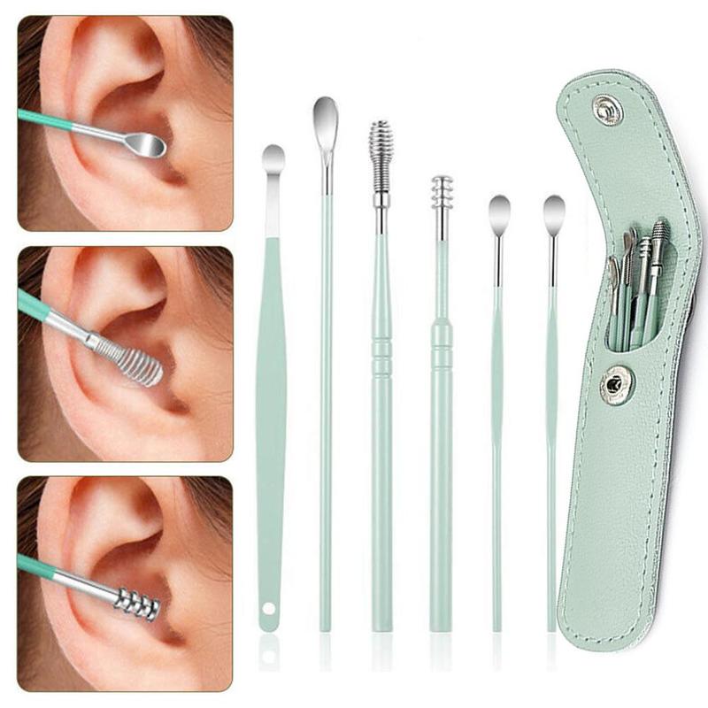 6pcs Ear Wax Cleaner Tool Set with Storage Bag, Ear Cleaning Tool, Ear Spoons Ear Picks Curette, Ear Wax Remover Tool for Adults, Portable Earwax Cleaning Supplies, Daily Ears Clean Tool Set