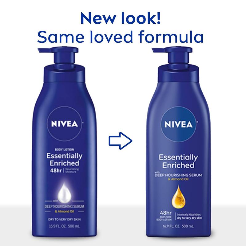 NIVEA Essentially Enriched Body Lotion for Dry Skin, 48-Hour Moisturizing Lotion with Deep Nourishing Serum and Almond Oil, 16.9 Fl Oz Pump Bottle