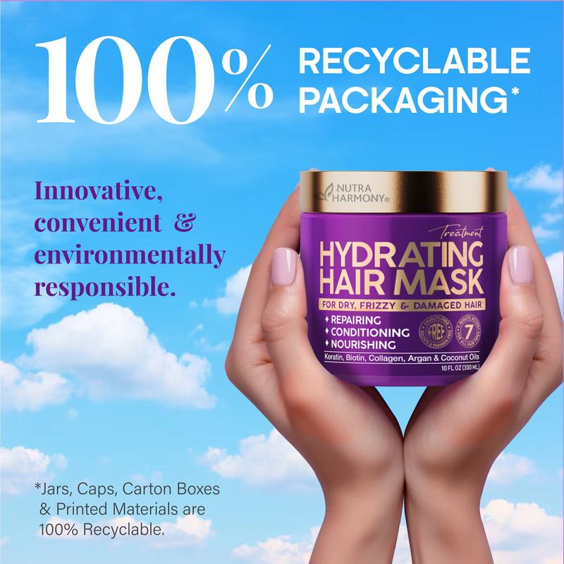 Hydrating Hair Mask for Damaged Hair with Keratin, Biotin, Argan & Coconut Oil for Deep Conditioning for Dry, Frizzy & Colored Hair - For All Hair Types - Sulfate & Paraben-Free - 10 FL OZ