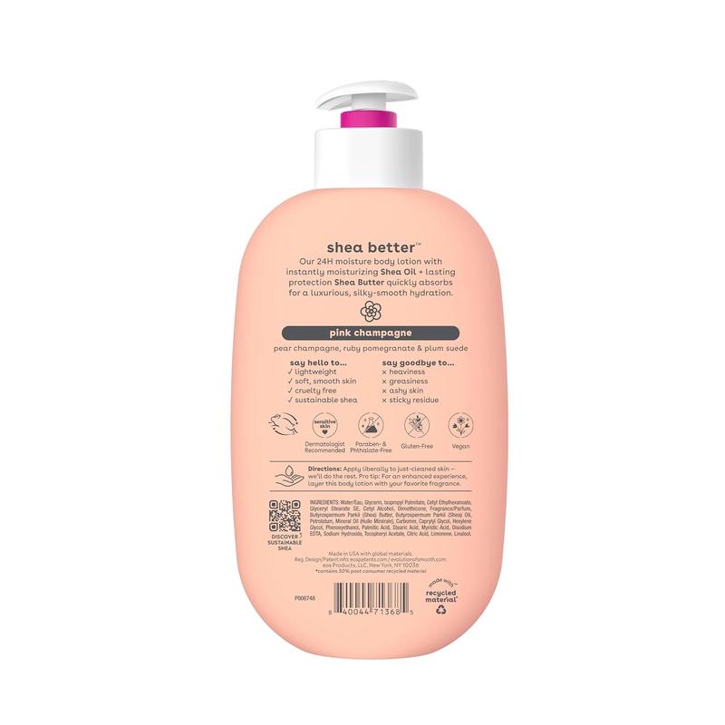 Eos Shea Better Body Lotion- Pink Champagne, 24-Hour Moisture Skin Care, Lightweight & Non-Greasy, Made with Natural Shea, Vegan, 16 Fl Oz eos